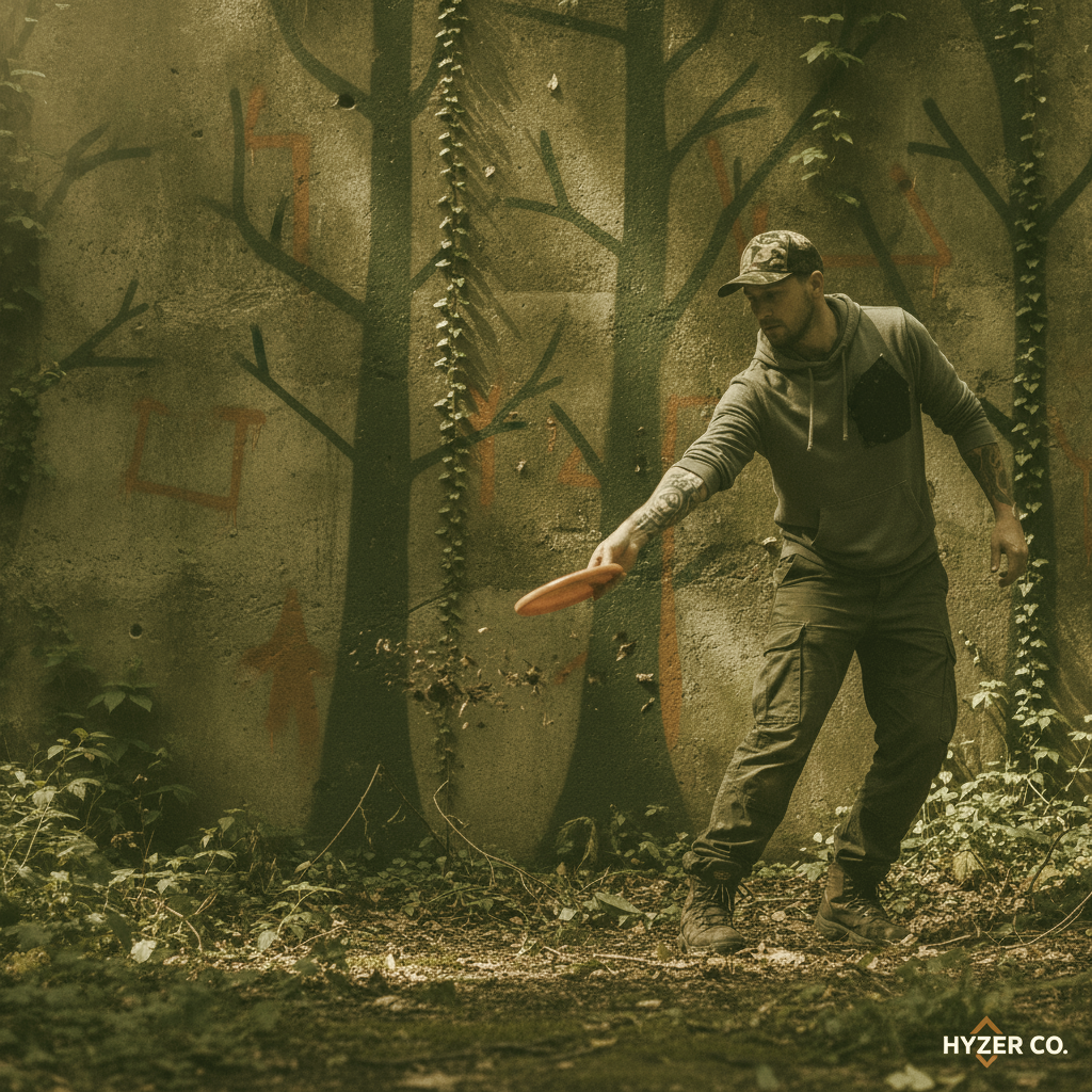 Disc golfer teeing off down a wooded fairway at golden hour